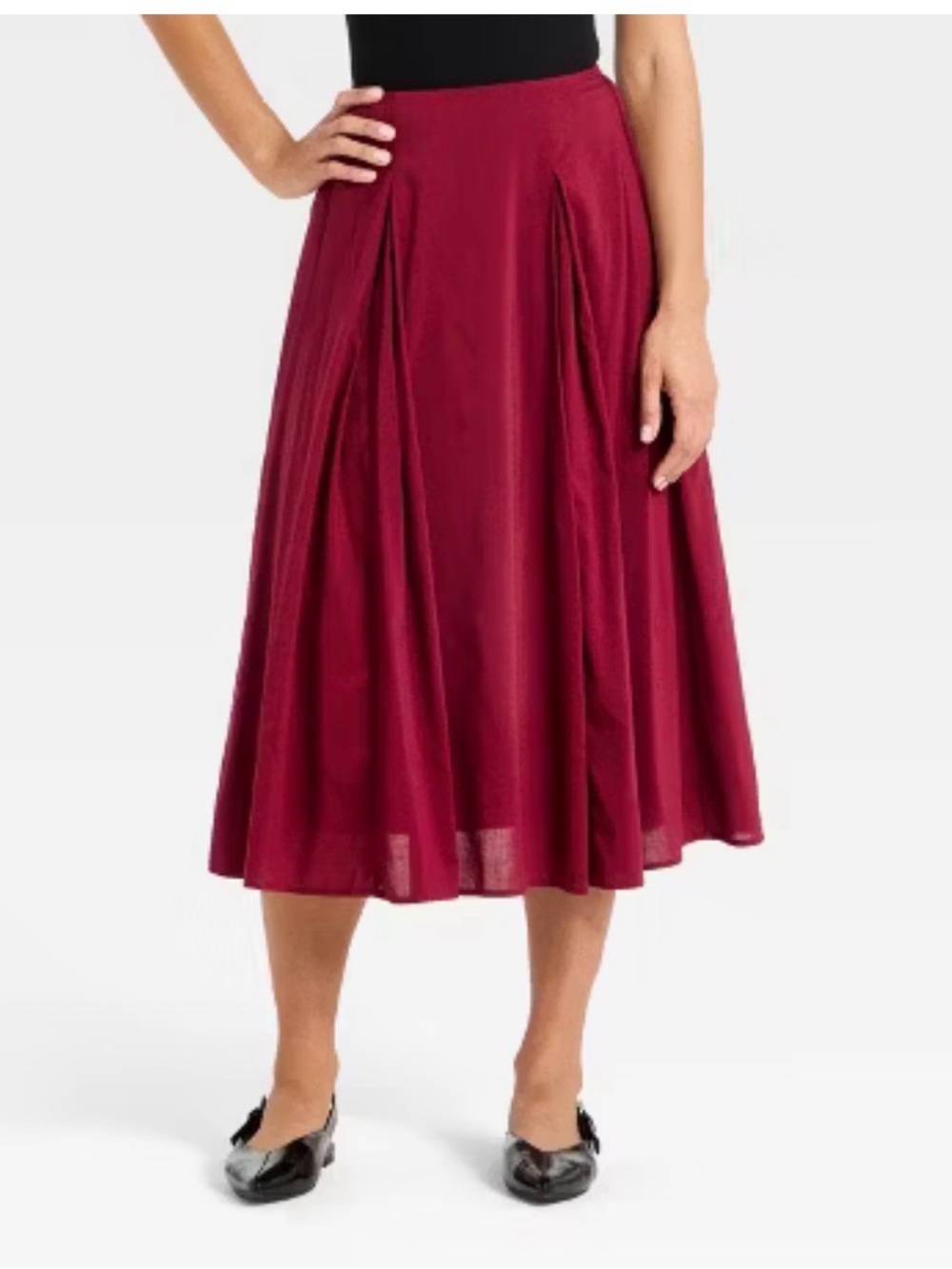 Women’s Burgundy Midi Skirt - Classic Pleated A-Line L